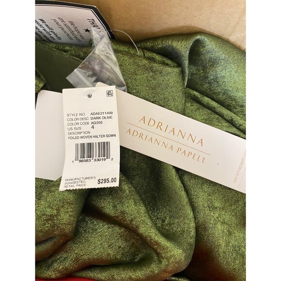Adrianna Papell Womens Folied Chiffon Halter Gown Dark Olive Size 4 NWT - Picture 4 of 5